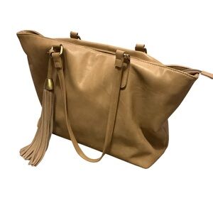 Madison West Tan Faux Leather Tassel Tote Bag Boho Shoulder Purse